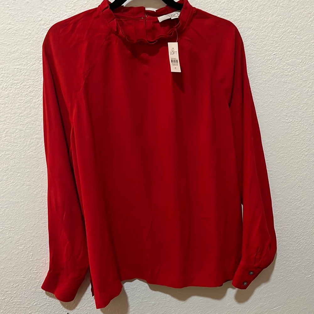 New With Tag LOFT Ruffled Neck  Back Small  Key Hole Red Blouse Size M
